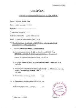 Osvědčení dle vyhl. 50-78 Sb.